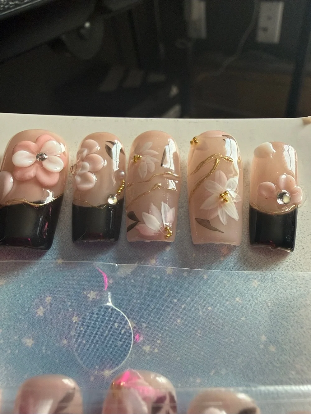 Floral Nude & Black Press-On Nail Set with 3D Flowers